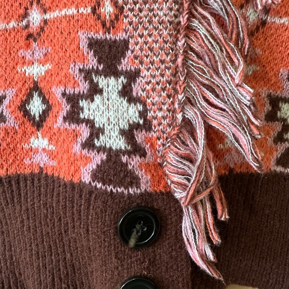 Grace+Karma Aztec Orange/Pink and Brown Fringe Knit Cardigan - Picture 3 of 7